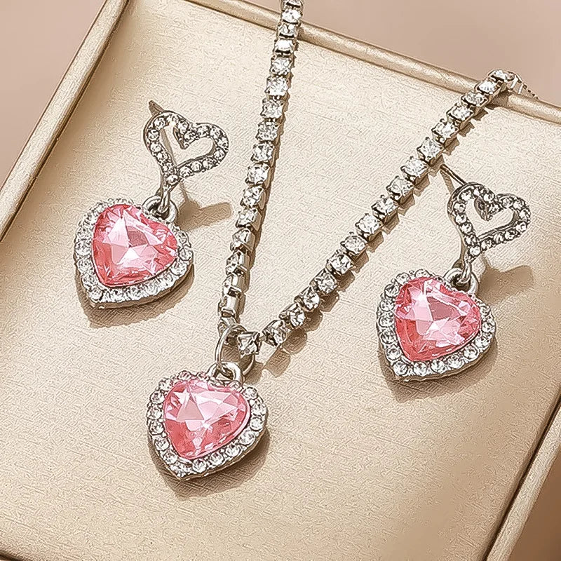 New Y2k Full Diamond Necklace Female Peach Heart Bride Necklace Earring Set