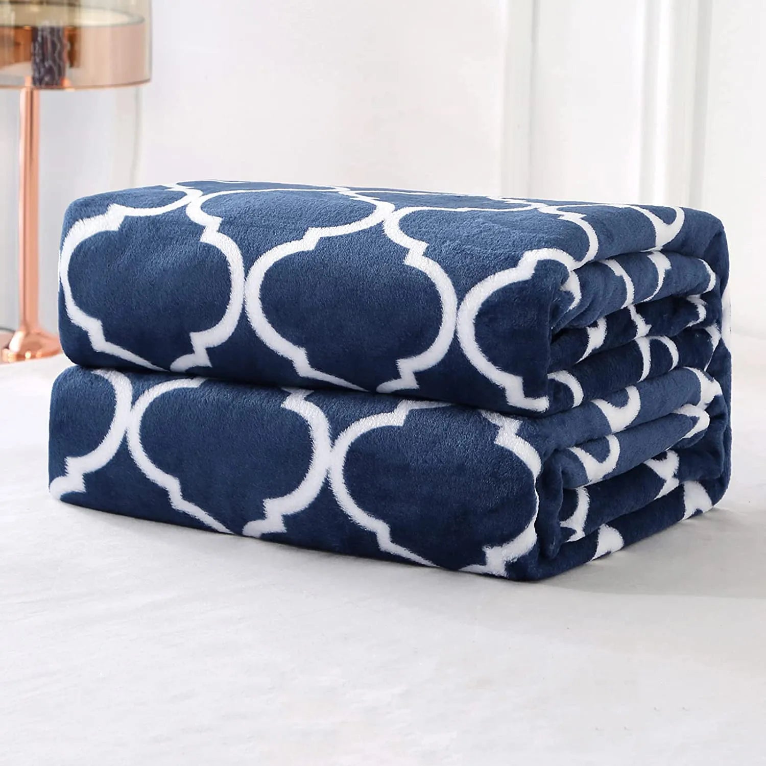 Queen Size Navy Blue and White Geometric Pattern Flannel Blanket Soft and Cozy for Bed or Couch
