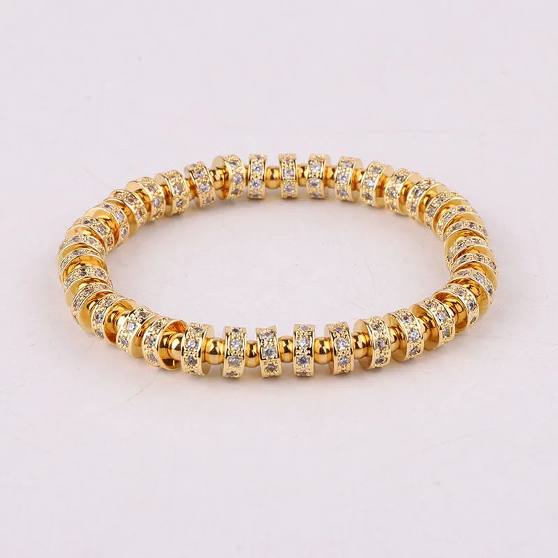 High Quality New Fashion Luxury CZ Pave Charm Stainless Steel Beads Elastic Bracelet Men Women