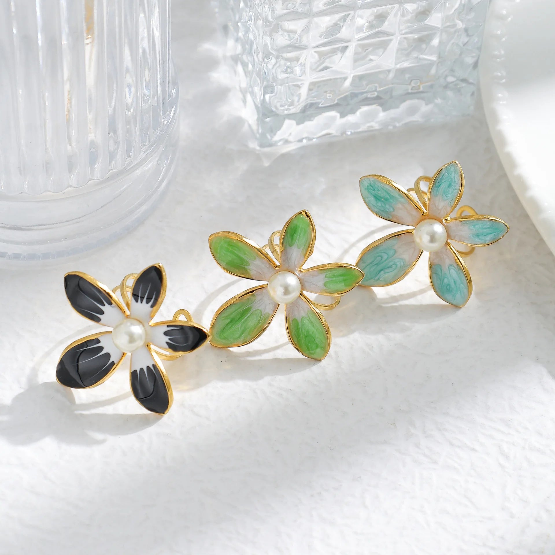 Versatile Stainless Steel Colorful Oil Drop Flower Ring Inlaid with Pearls Fashionable Ins Style Light Luxury Personality Ring