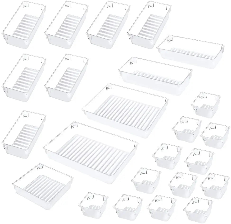 Hot-Selling 24pcs Drawer Organizer Tray Set 4 Different Sizes Plastic Storage for Makeup Office Desk Organizer