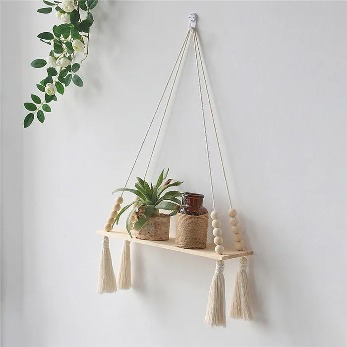 New Customized Macrame Hanging Shelves Rustic Wood Wall Shelves Handmade Woven Hanger W1266