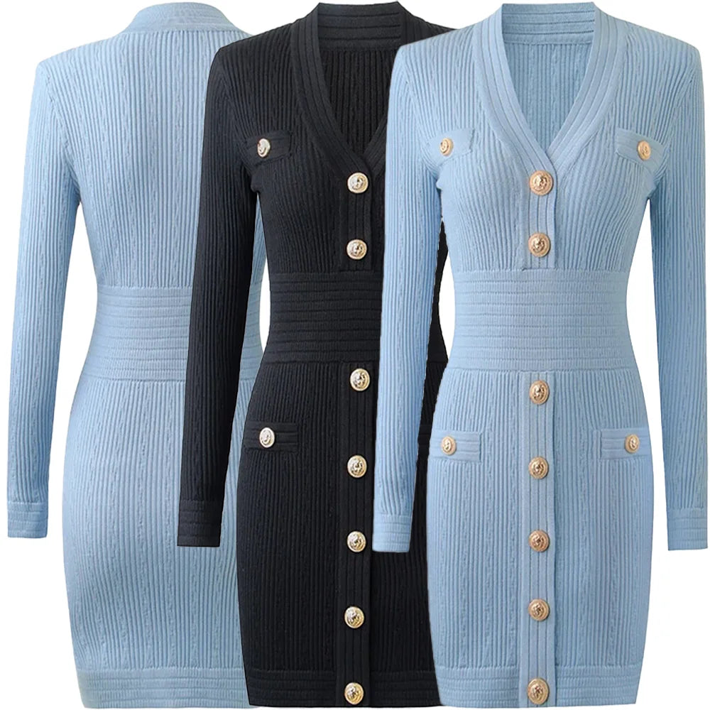 Luxury Inspired Button-Front Knit Dress Women's Elegant Bodycon Sweater Dress OEM/ODM Knitwear Factory