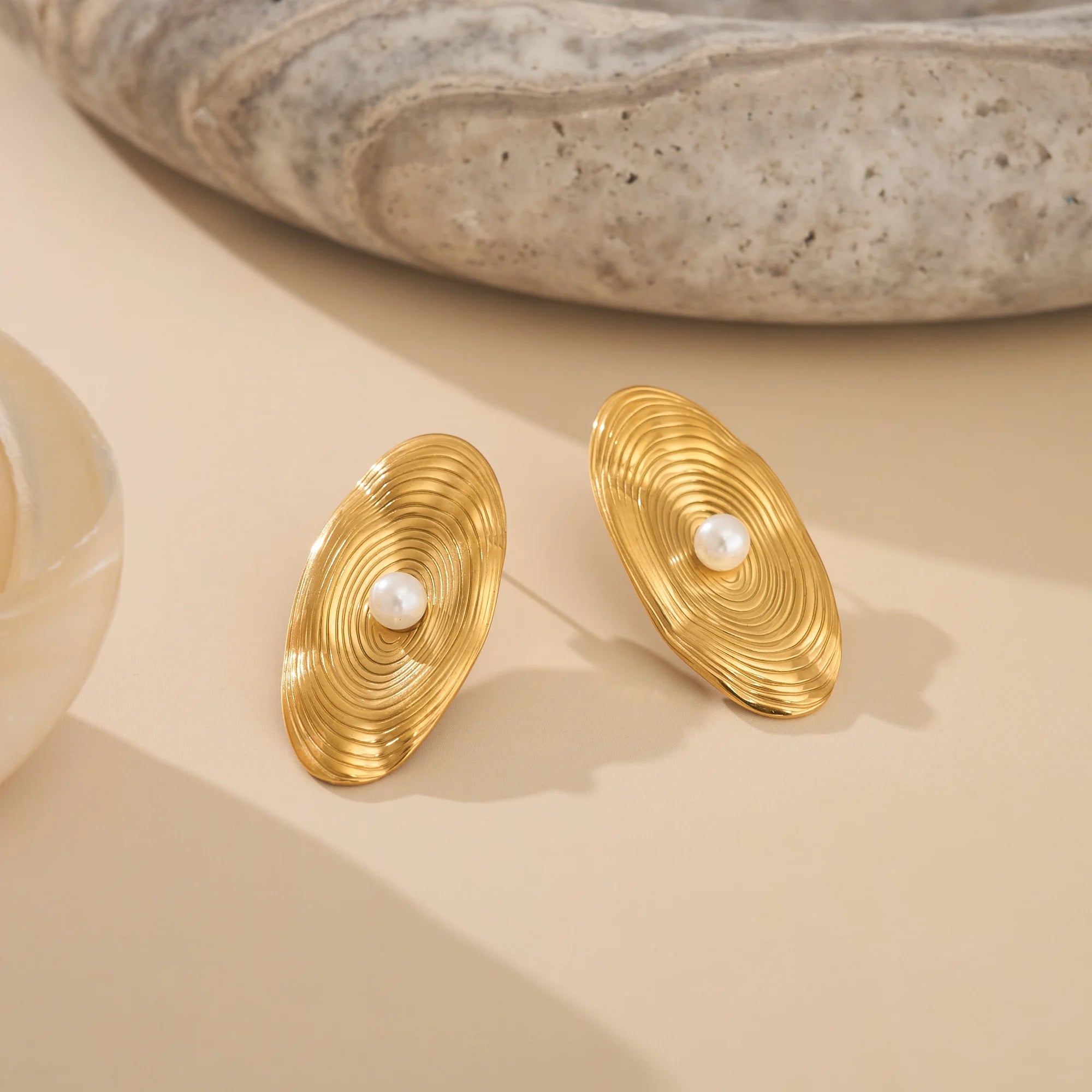 Dazan New Winter Ins Trendy 18k Pvd Gold Plated Stainless Steel Boho Irregular Oval Striped Pearl Earrings Indian Jewelry