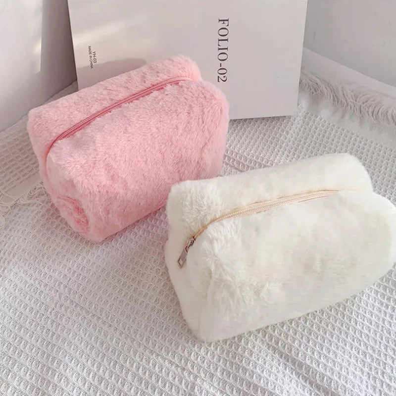 Plush Makeup Bag Macaron Color Sweet Large Capacity Storage Bag High Beauty Value Portable Pen Bag Makeup