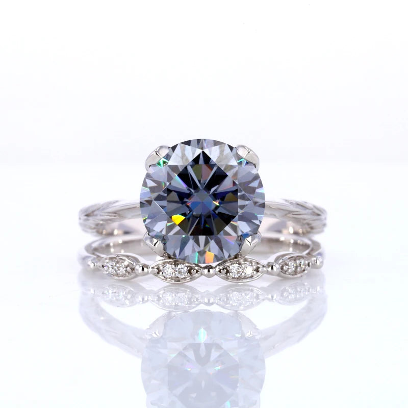 14k White Solid Gold  Fine Jewelry Grey Moissanite Center Stones and Lab Grown Diamond Ring Sets for Engagement