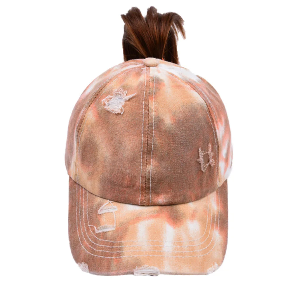 2025 Women's Sporty Sun Washed Distressed Print Cow Gross Outdoor Baseball Cap Solid Ponytail for Sunscreen