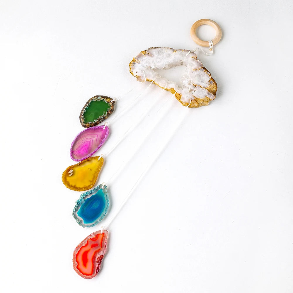 Natural Agate Geode Colorful Agate Slice Crystal Wind Chime Healing Stone Hanging Decoration