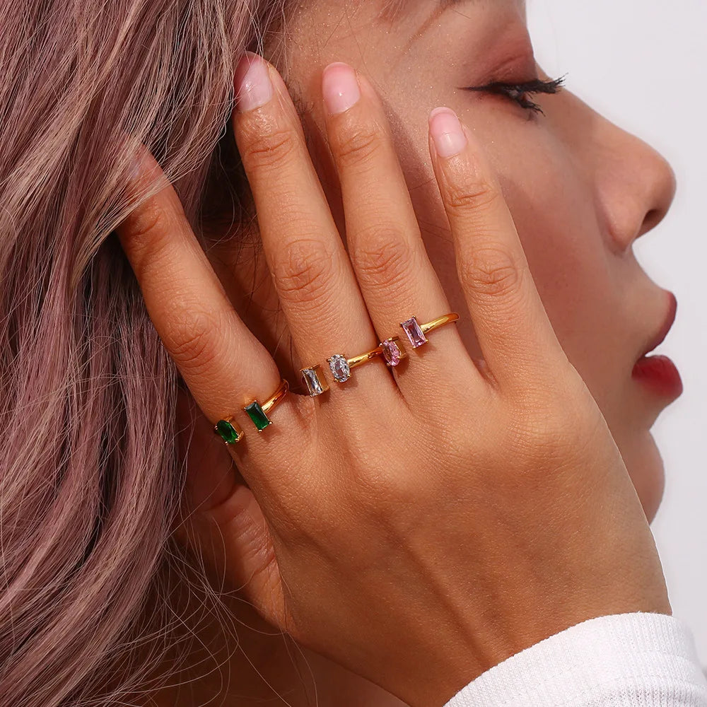 Fashion Jewelry Rings for Girls Waterproof Stainless Steel Gold Plated Cubic Zirconia Open Adjustable Stone Ring