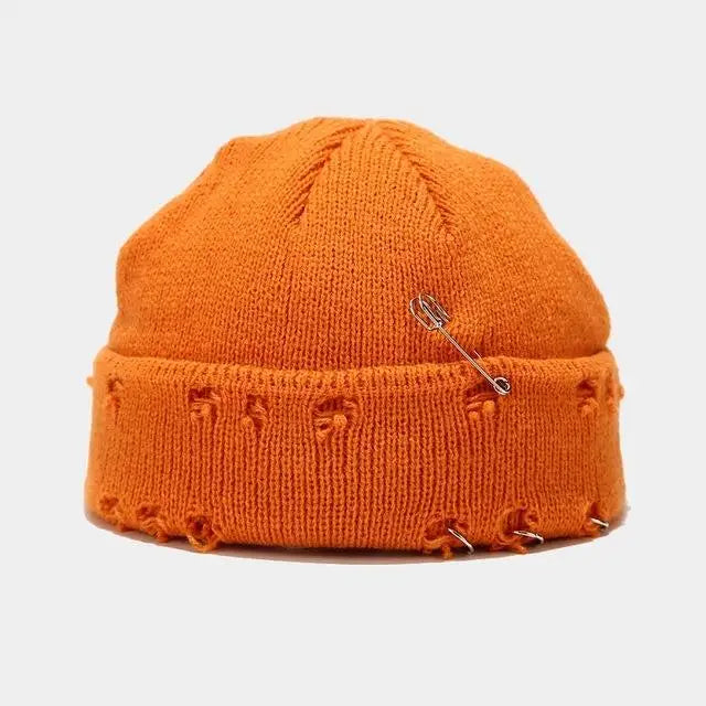 New Gothic Distressed Beanie Winter Warm Knit Hats Trendy Metal Rings Pin Hip Hop Skull Cap