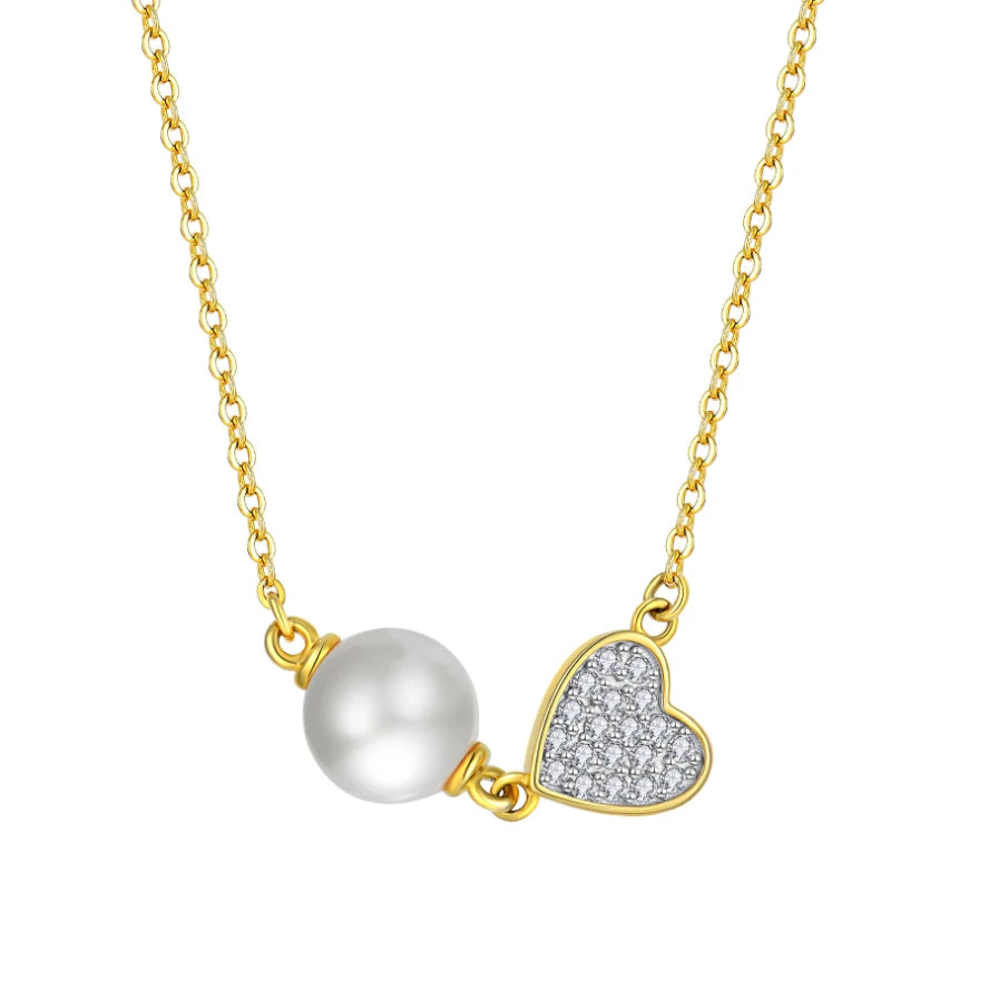 Sparkling Heart Design 18K Gold Plated Luxury Jewelry Pearl & Zirconia Heart Pendant Necklace for Women