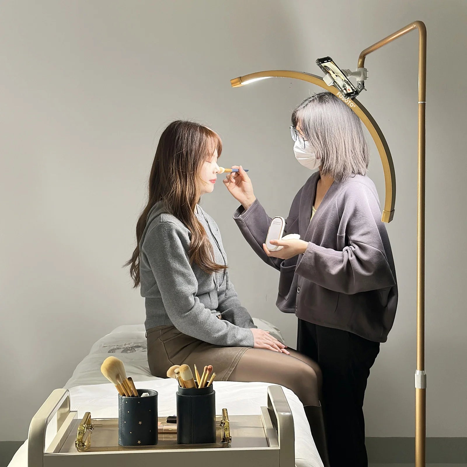 Rotatable Golden Half Moon Floor Lamp Eyelash Extension Led Lamp Studio Light With Phone Clip for Makeup Tattoo Led Ring Light