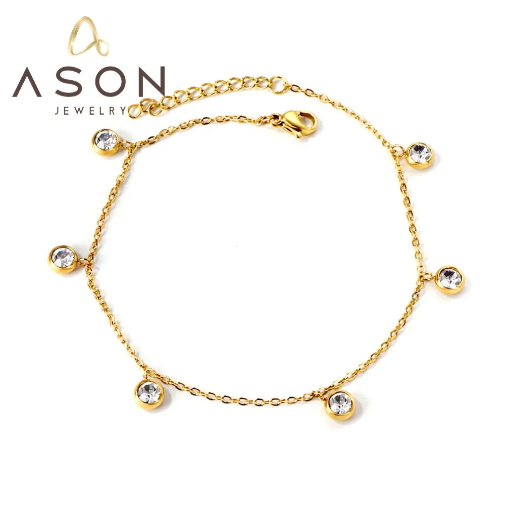 Ason Jewelry New Fashion PVD 18K Gold Stainless Steel Anklet White Diamond Pendant Anklet for Women
