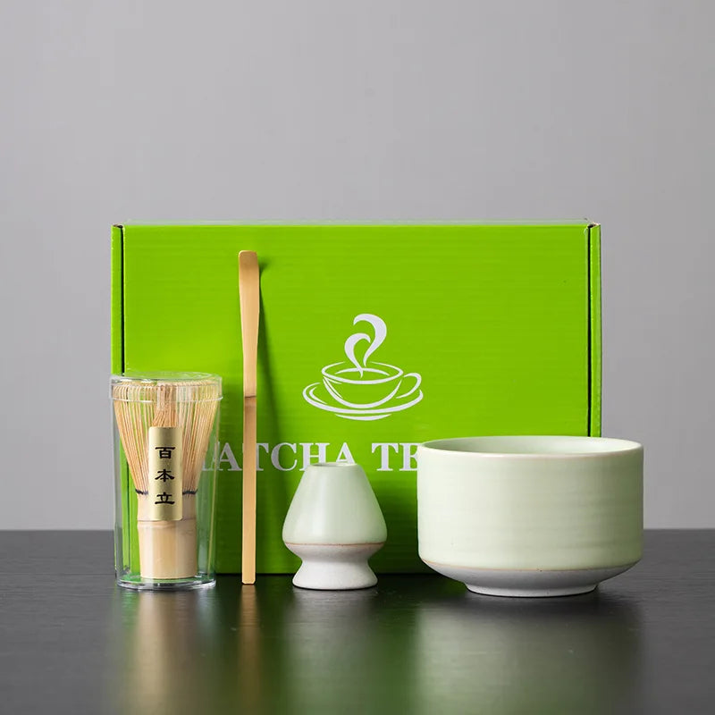 4PCS Japanese Whisker Handmade Ceramic Bowls Cups Tea Spoon Handle Mixing Wisk Stand Matcha Tea Bowl Whisk Holder Set