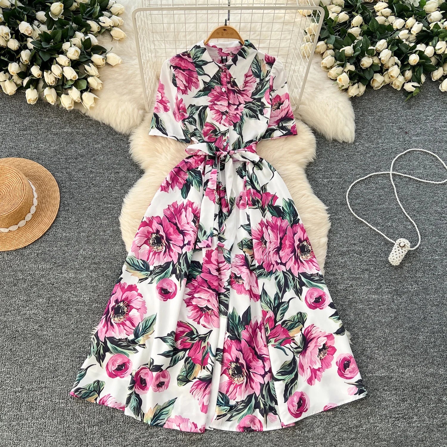 French Fashion Elegant Print Women 2025 Summer Lapel Short-sleeved Shirt Dress