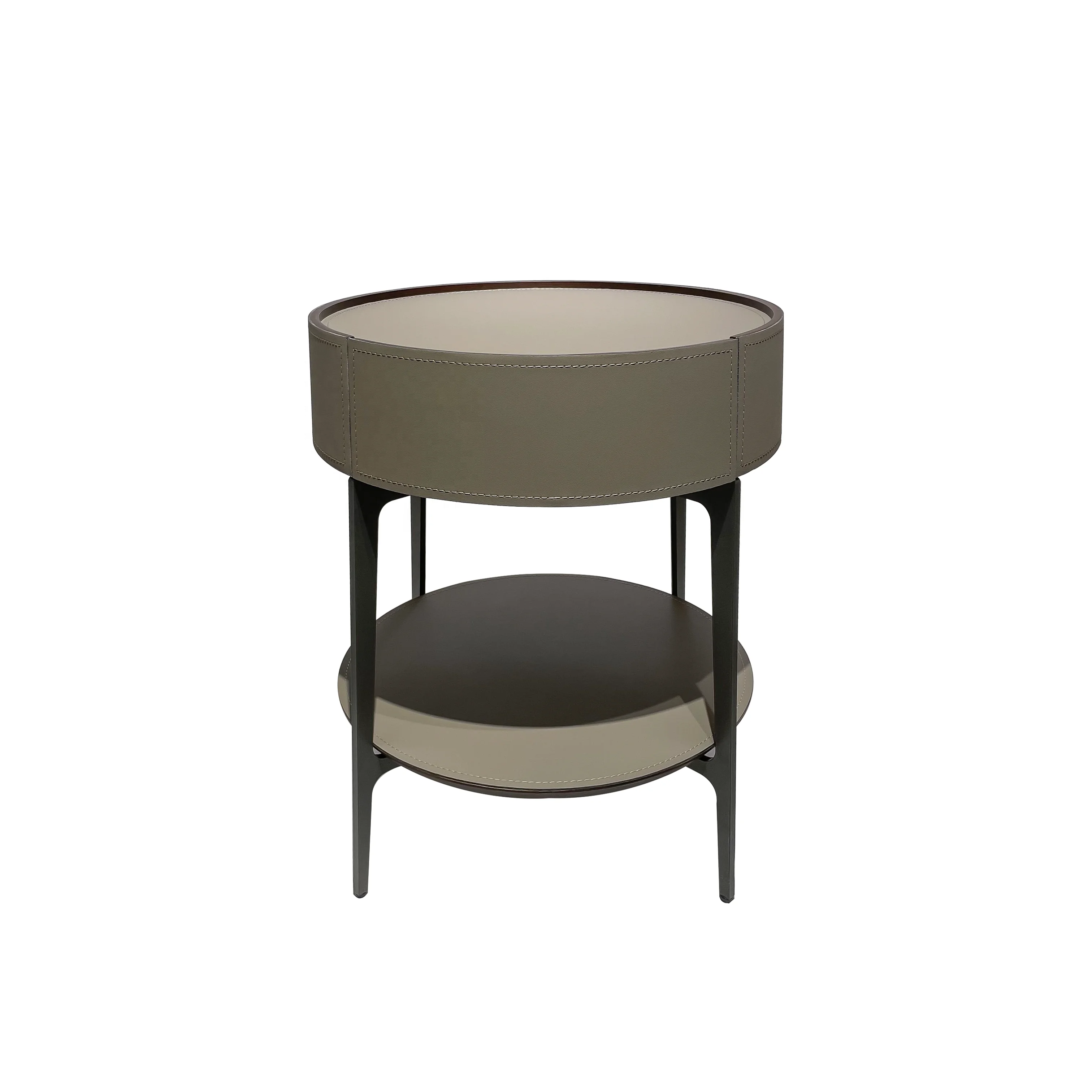 Factory Wholesale Luxury Style Leather Bedside Table With 1 Drawer Customizable Hotel Home Use Nightstand Brown Cabinet Khaki