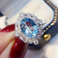 CAOSHI 925 Silver Plated Hollow Out CZ Jewelry Engagement Band for Women Delicate Blue Oval Shaped Cubic Zircon Crystal Rings