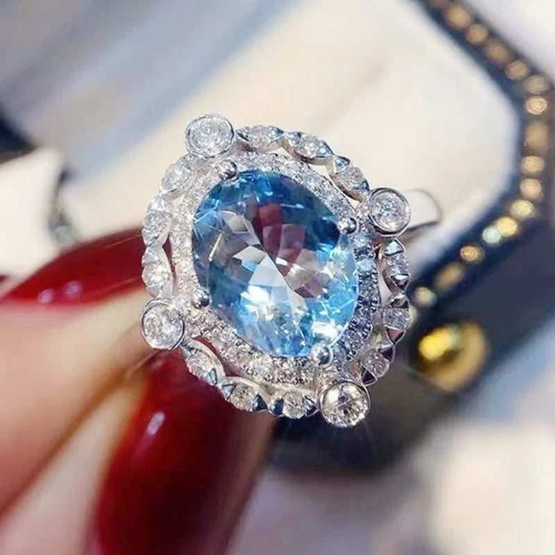 CAOSHI 925 Silver Plated Hollow Out CZ Jewelry Engagement Band for Women Delicate Blue Oval Shaped Cubic Zircon Crystal Rings