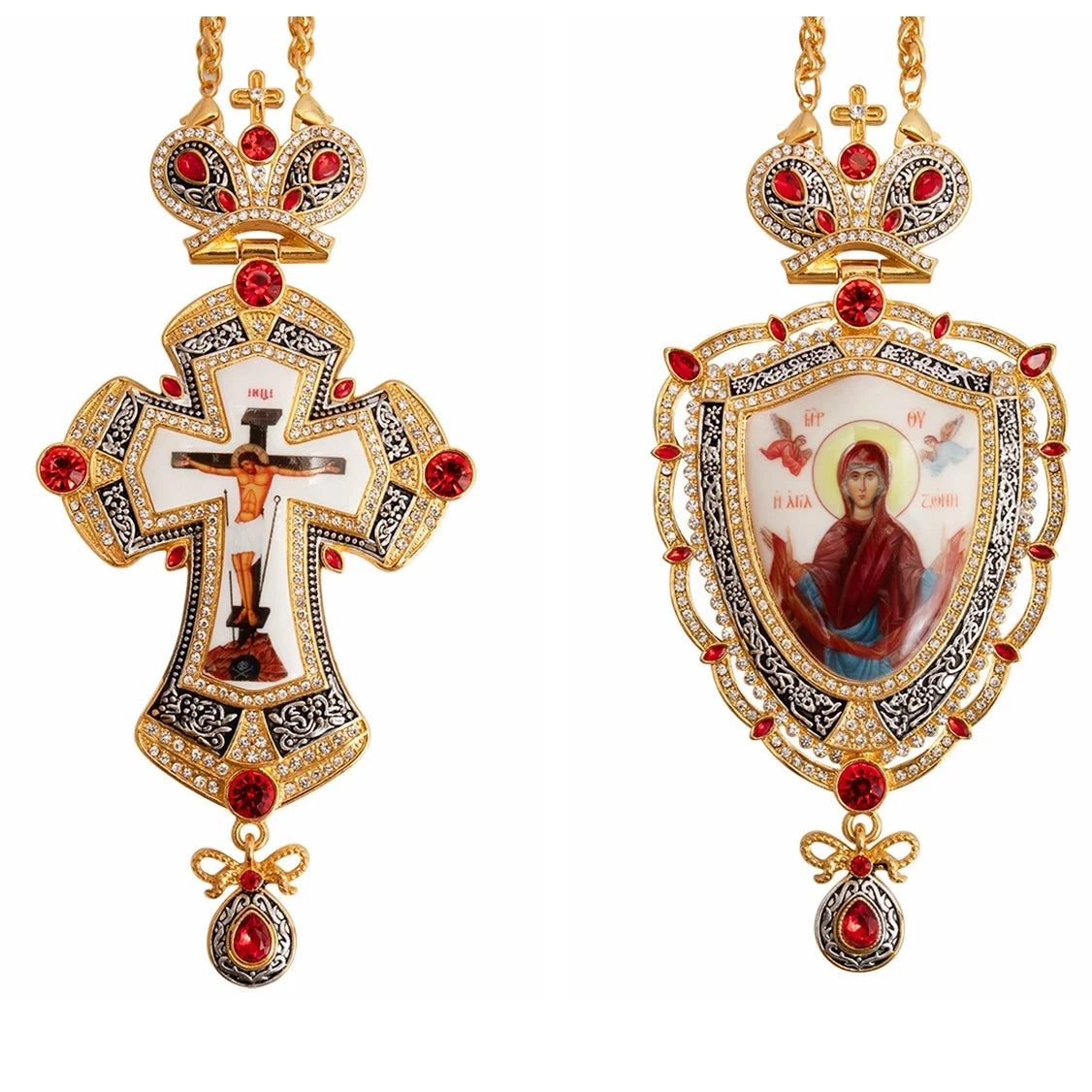 Customized Icon New Greek Alloy Orthodox Russian Pectoral Cross Gold Chain Necklace  with Panagia and Jesus Set for Father