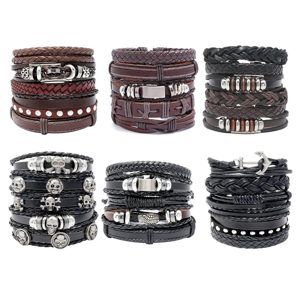 Pulseras De Hombre Vintage Multilayer Mens Bracelet Pour Homme Skull Bangle Jewelry Pulseras Black Leather Bracelets