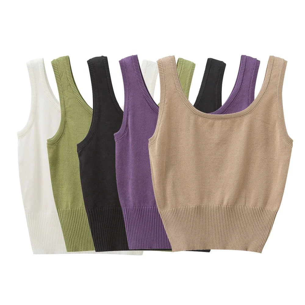 Women's Custom Logo Summer Crop Top Basic Ribbed Knitted U-Neck Tank Casual Short Sleeveless Vest Solid Thin Y2K Colorful Design