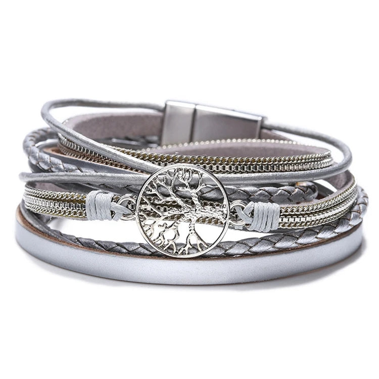 ZG-58 Women Hand Jewelry Magnetic Bangle Handmade Multi Layers Life Tree Alloy PU Leather Wrap Bracelet