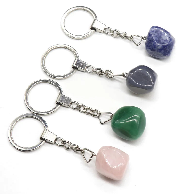 HZ Wholesale Natural Stone Keychain Hand Made Black Agate Tumbled Stone Keychain Tumbled Stone Key Ring For Gift