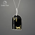 Lotus Fun 925 Sterling Silver Natural Black Agate Onyx Kitty Pendant Necklace Under Night Street Lights Personality Jewelry