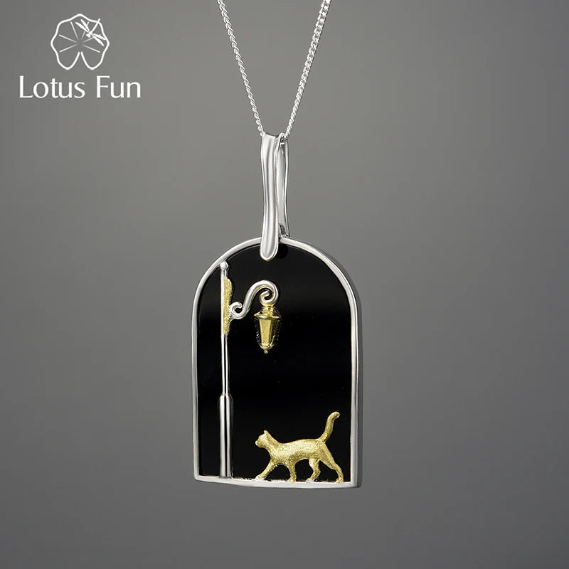 Lotus Fun 925 Sterling Silver Natural Black Agate Onyx Kitty Pendant Necklace Under Night Street Lights Personality Jewelry