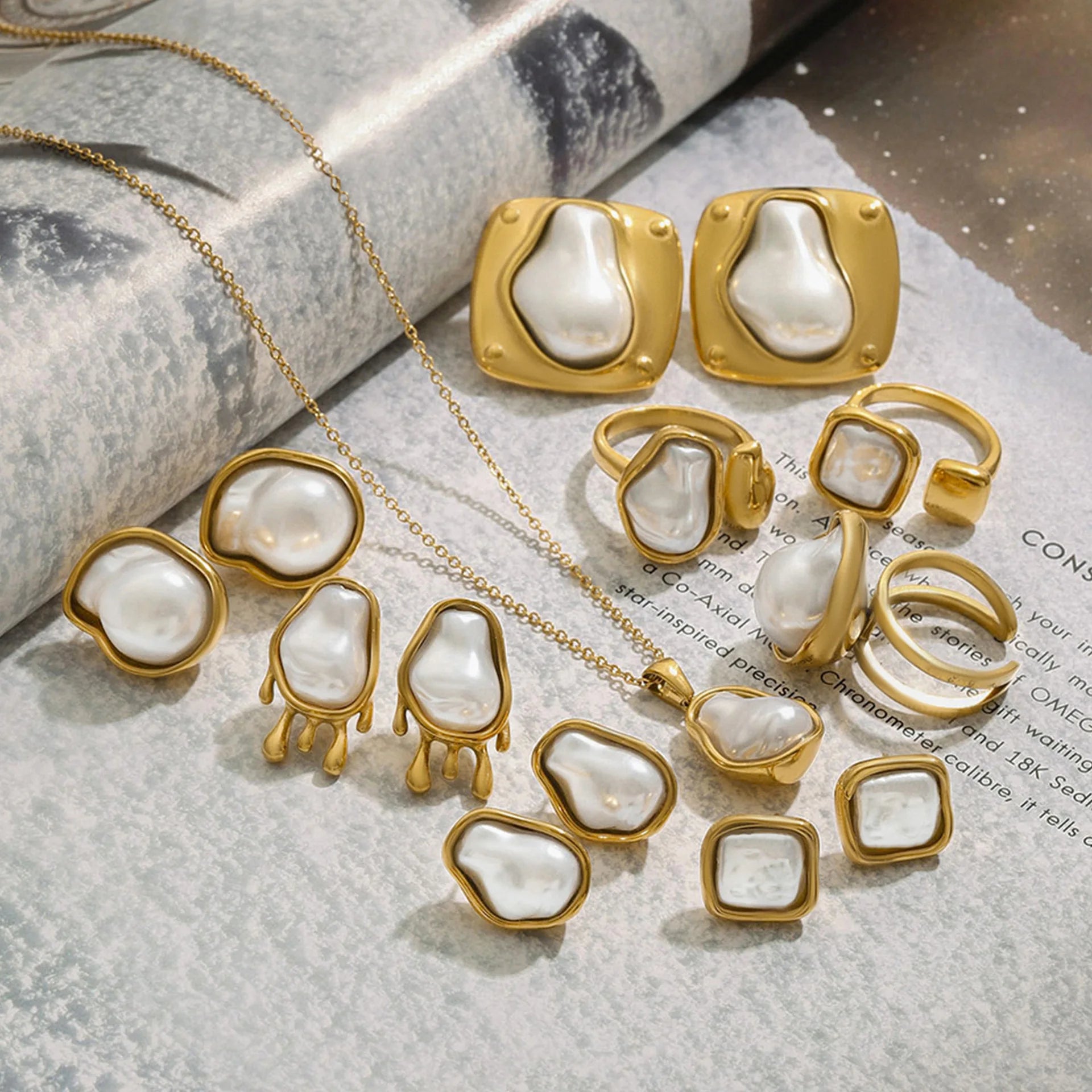 New Gold Plated Hypoallergenic Stainless Steel Vintage Hyperbole Irregular Baroque Pearl Earrings Gift Jewelry Set
