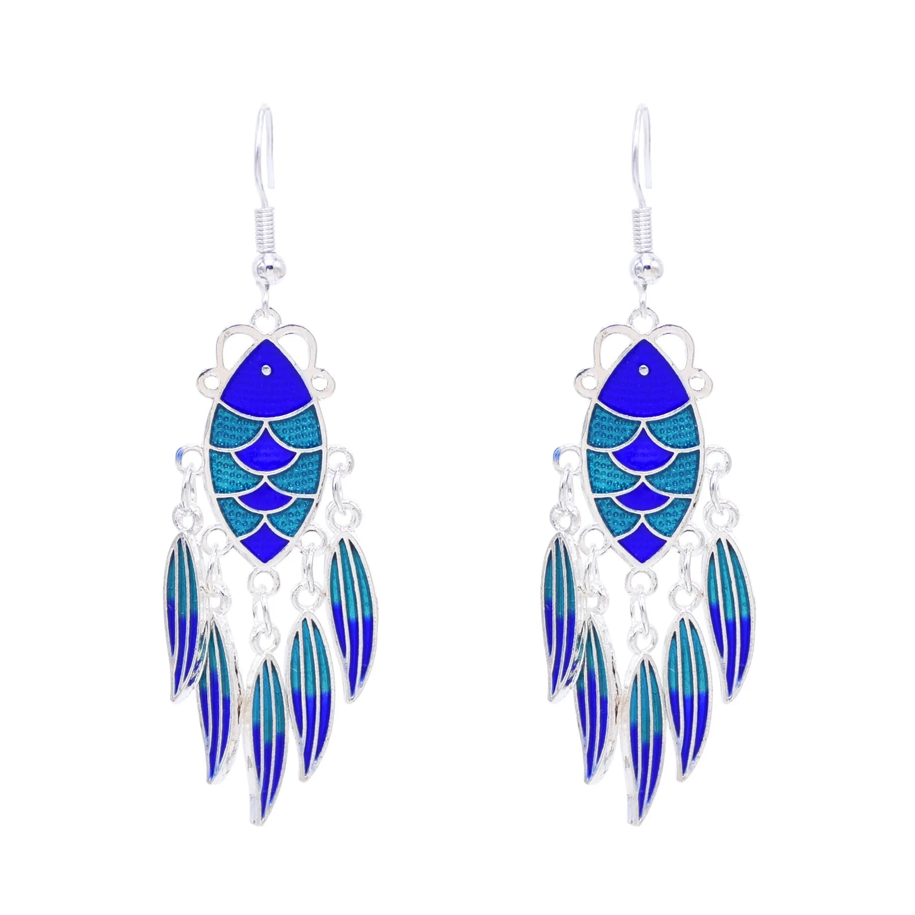 Silver Plated Blue Enamel Fish Dangle Earrings Fashion Ocean Hypoallergenic Cute Fish Earrings for Women