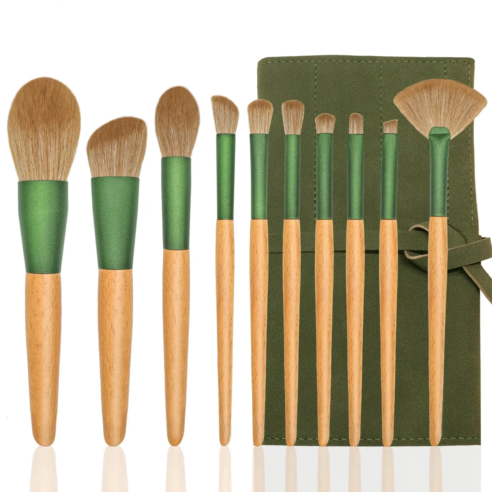 10 Pcs Customizable Natural Wooden Makeup Brush Set with Aluminum Ferrule Organizer Blush Foundation Concealer & Eyebrow Brushes