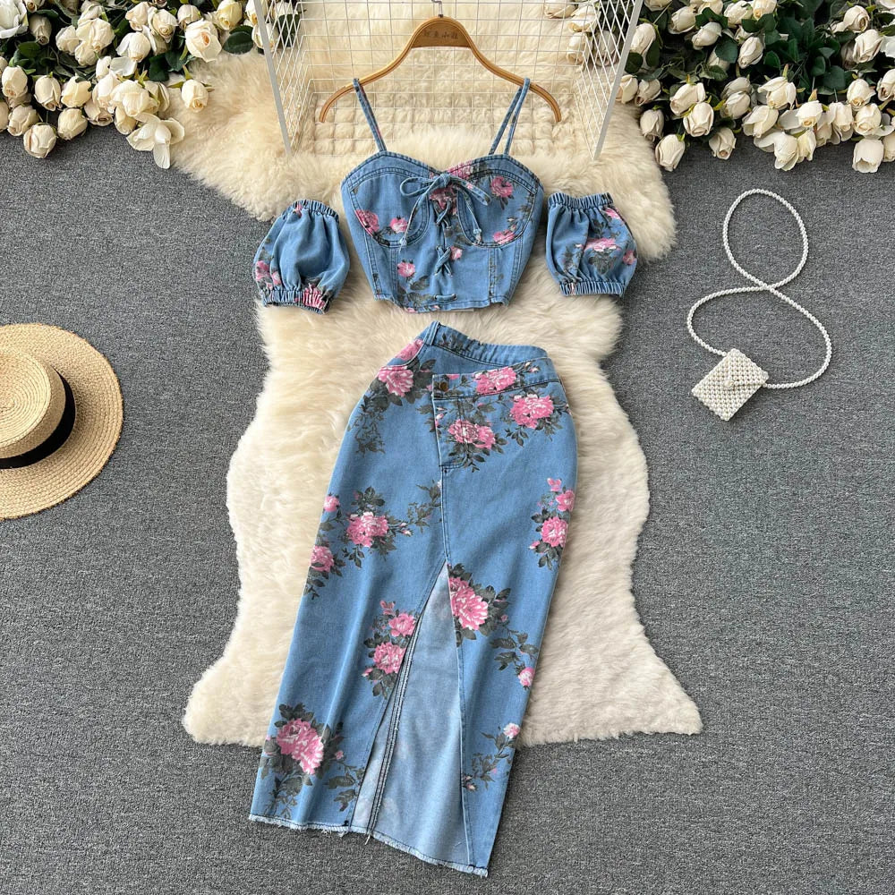 Women's Sets Summer Solid Tops Vintage High Waist Skirt Set Ropa Wholesale