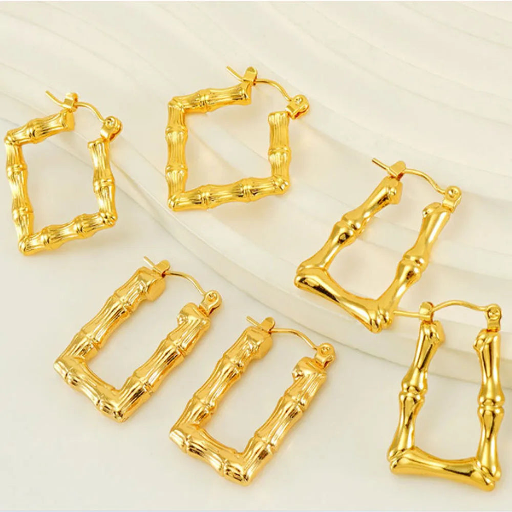 Stainless Steel 18k Gold Plated Bamboo Hoop Earrings Geometric Shapes for Women