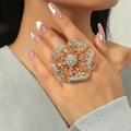 Vintage Exaggerate Adjustable Ring Multi Color Crystal Ring Big Hollow Flower Ring for Women