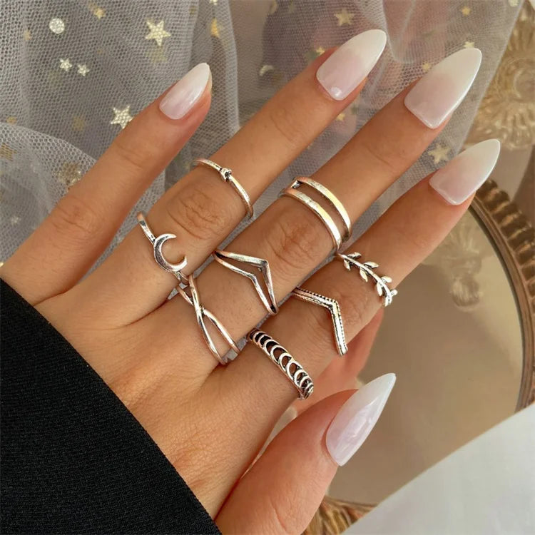 Free Sample Fashion Simple Moon Cross Double Layer 7pcs Vintage Leaf Olive Chain Ring Set Wholesale