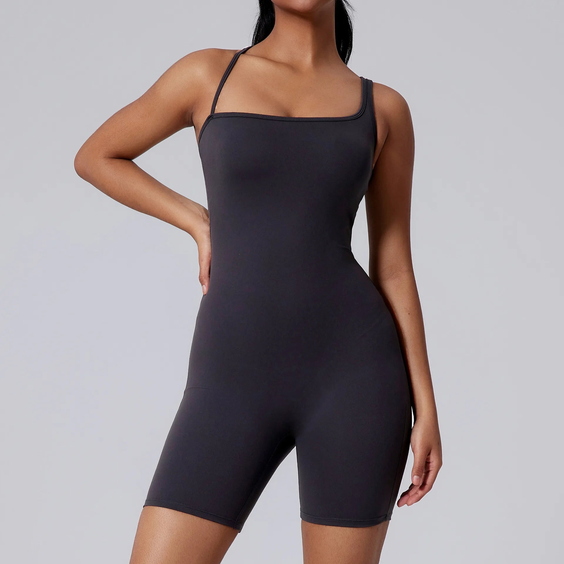 SMART FABRIC Breathable Eco-Friendly Four-Way Stretch Lightweight Asymmetric Back Yoga Dance Sports Jumpsuit Hip Lifting Pleated