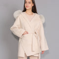 Ladies Detachable Fox Fur Collar Hooded Winter Women Warm Cashmere Coat