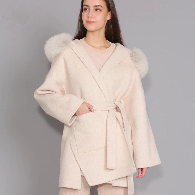 Ladies Detachable Fox Fur Collar Hooded Winter Women Warm Cashmere Coat