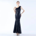 31351# Long Ostrich Wool Mesh Bead High-end Evening Dress Black