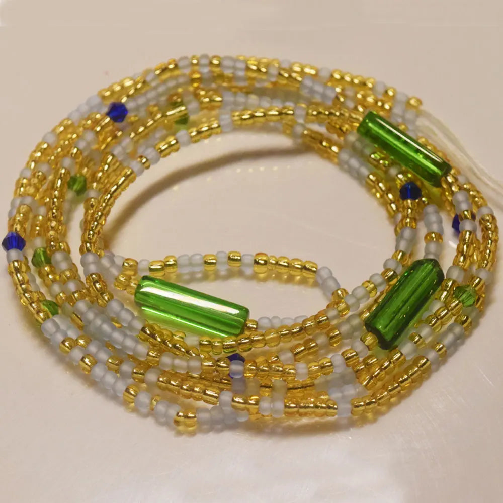 Gold Blue Bead Green Tube Crytal Charm Weightloss Double String Cotton Tie on African Waist Beads Belly Chain Body Jewelry Women