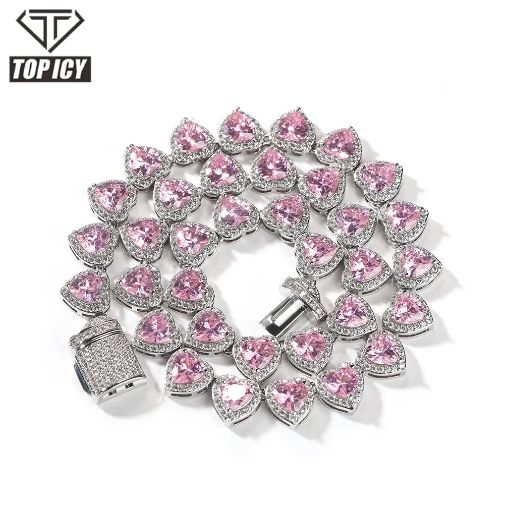 Iced Out Colorful Heart Shape Tennis Chain Hip Hop Bling Jewelry Brass 18K Gold Plated Heart Cut Cubic Zircon Shiny Necklace