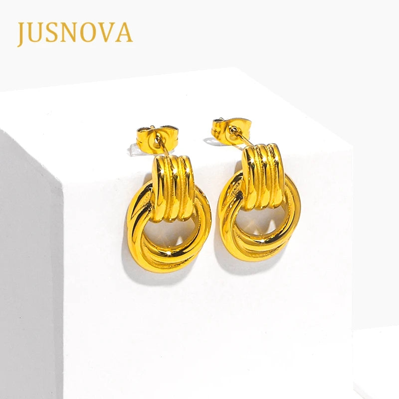 Vintage Fashion Women's 18K Plated Stainless Steel Stud Earrings Chunky Circle Twisted with Geometric Shape Two Tone Jewelry