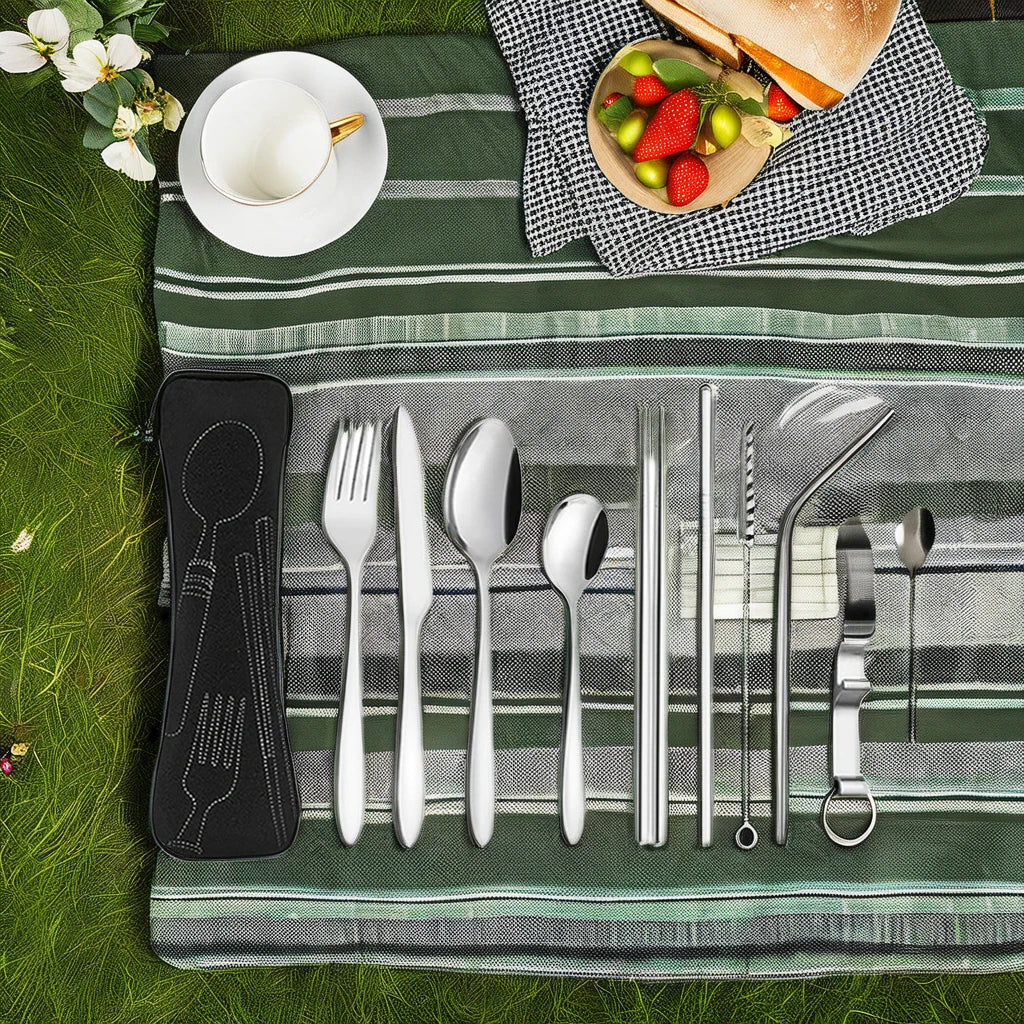 8-Piece Eco-Friendly Reusable Stainless Steel Cutlery Set Portable Flatware Knife Fork Spoon Embossed Logo Travel Promotions