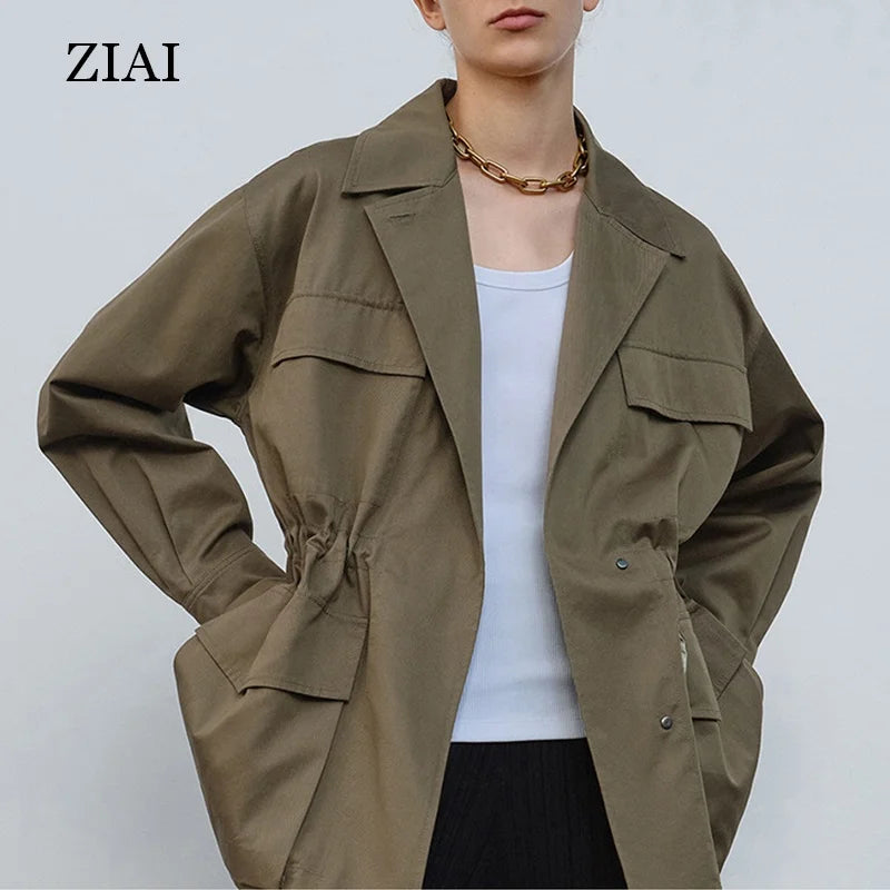 Wholesale Cargo Coat Female Spring Jacket New Suit Collar Drawstring Waist Loose Casual Jacket