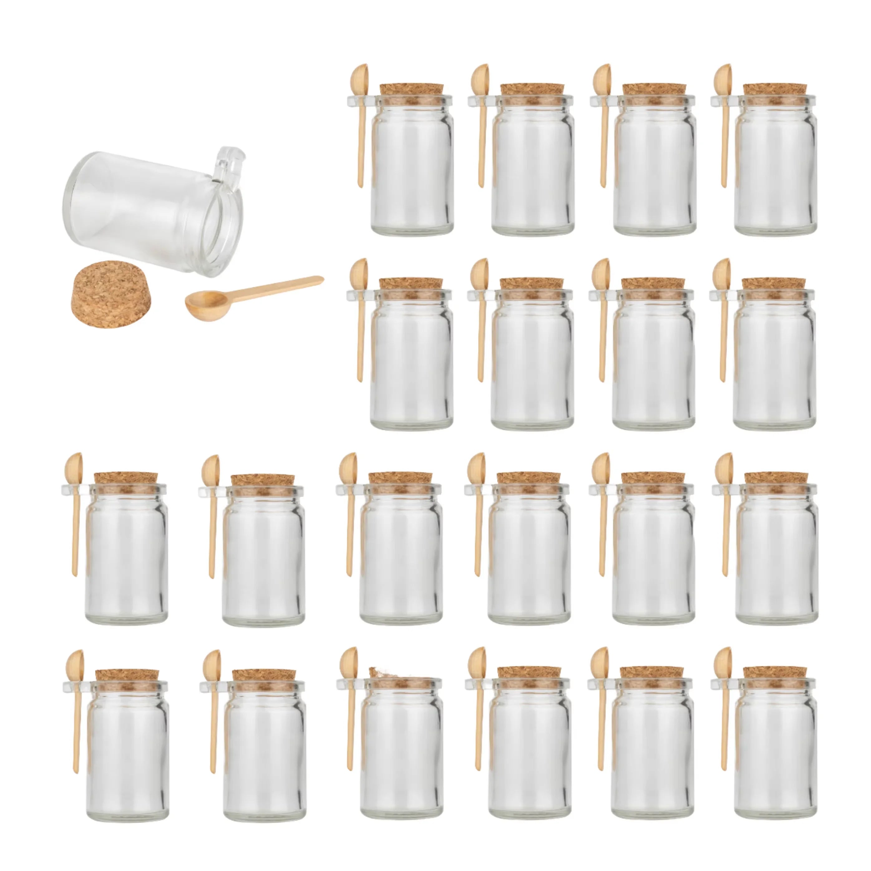 100ml 250ml Sustainable Clear Glass Body Scrub & Bath Salts Jars with Cork Wooden Spoon