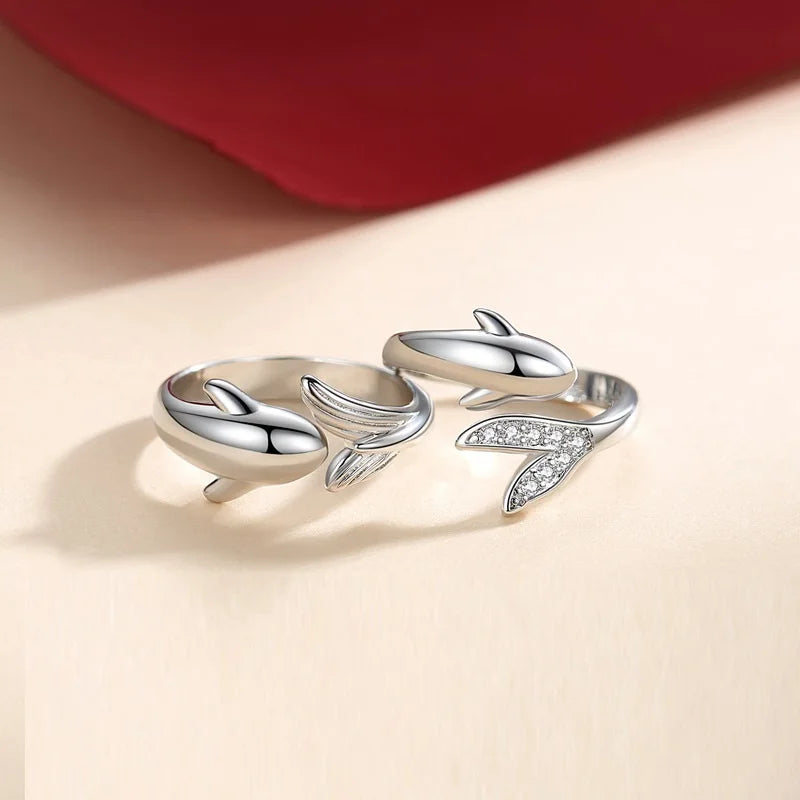 Romantic Silver Plated Couple Ring for Wedding Jewelry Dolphin Design Ring Valentine's Day Gift Fish Tail Open Adjustable Ring