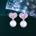 2024 New Trendy Jewelry Shiny Pink Cubic Zircon Imitation Pearl Drop Lovely Heart Earrings for Women Valentine Day Gifts