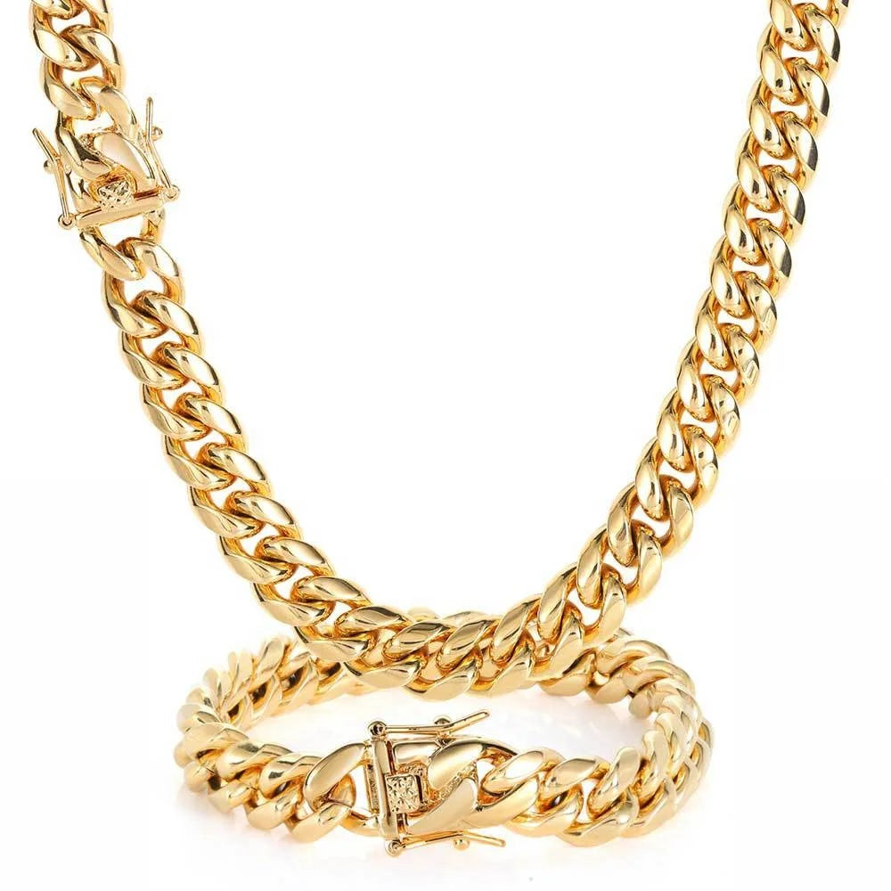 Mens Hiphop Geometric Necklace 18mm Non-Tarnish 316L Titanium Stainless Steel Silver 18K Gold PVD Plated Miami Cuban Link