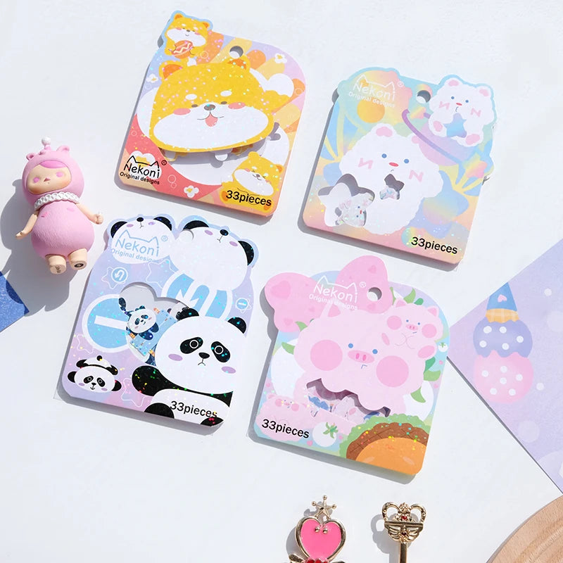 Nekoni Glitter Stickers Flake Kawaii  Laser Flake Stickers Decals Pack Cute Animal Kitty Panda Dog Pig Stickers Decals